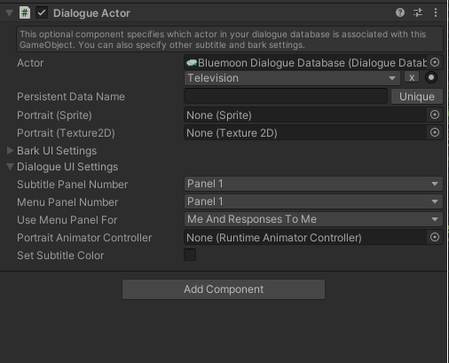 The Dialogue Actor component that specifies to use the new subtitle panel number (Panel 1?)