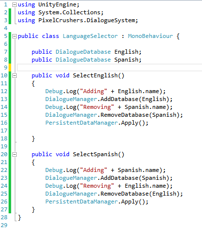 This is what I have in my script. Each function is attached to a button's OnClick, and they work when I start with no initial database and select a database to use, but when I try to switch to a new language it doesn't switch.