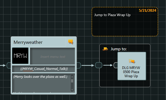 An example of the Jump Node in Articy, that links to the next conversation.