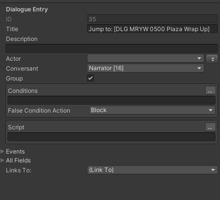 The same Jump Node in Unity (after the export from Articy), where the &quot;Links To' field is blank.