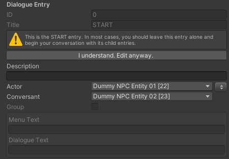 An example of 'Dummy Actors' as they appear in the Start node of a Conversation in the Dialogue System in Unity.